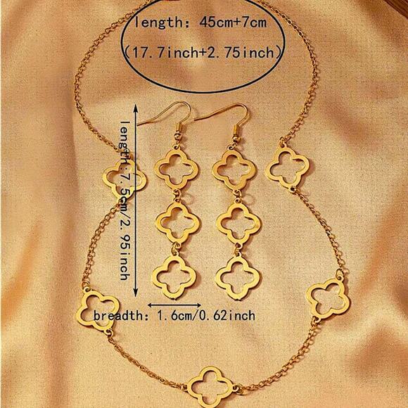 Gold Four Leaf Necklace Earrings Set Luxury Dangle Two Piece Set - Picture 5 of 6